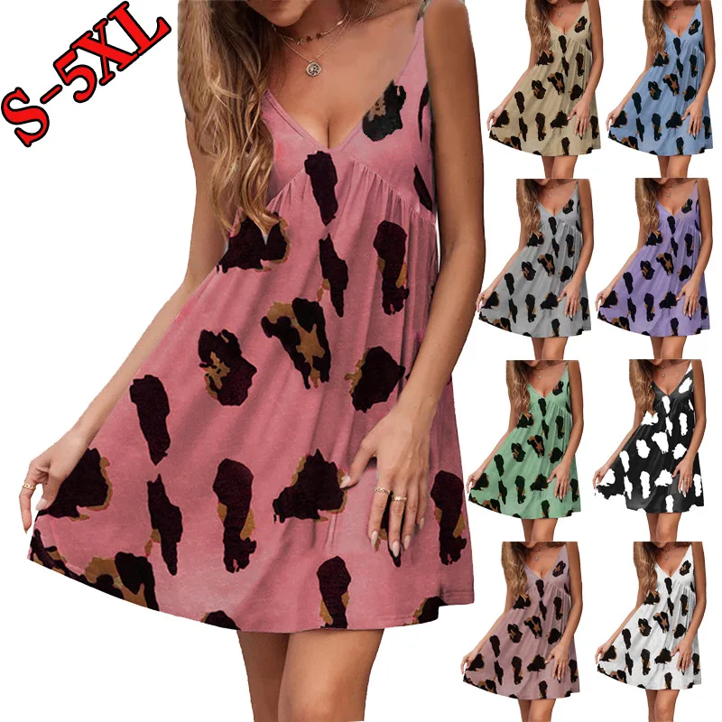 

Women Casual Sexy Mini Dress Sling V Neck Sleeveless Print Leopard Plus Maxi Size Daily Travel Trip Style Comfortable Summer New