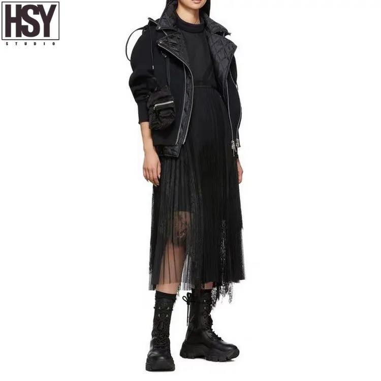 【HSY】 Новая Осенняя модная Женская Стеганая мотоциклетная куртка космическая хлопковая Лоскутная имитация двух частей ромбическое пальто с капюшоном 2 цвета