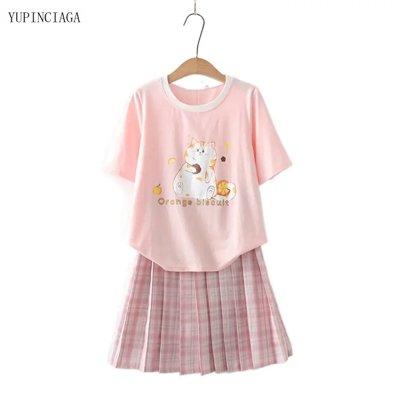 2 Piece Set Women Sweet Cartoon Print 2021 Summer Short-Sleeve Harajuku T-shirt + Plaid Skirt Pleated Skirt Womens Sets 2117504