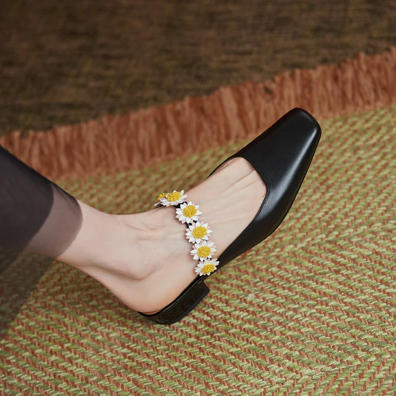 

2021 New summer Ladies slippers natural Leather shoes 22-24.5cm Cowhide upper Flower buckle square toe slippers women slides