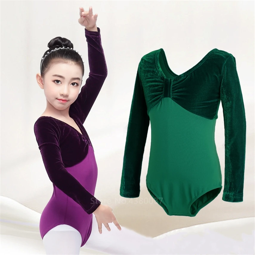 

2021 One-piece Girl Latin Velvet Bodysuit Clothing V-neck Full Sleeve Kids Children Jazz Ballet Leotard Gymnastics Wear Jumpsuit