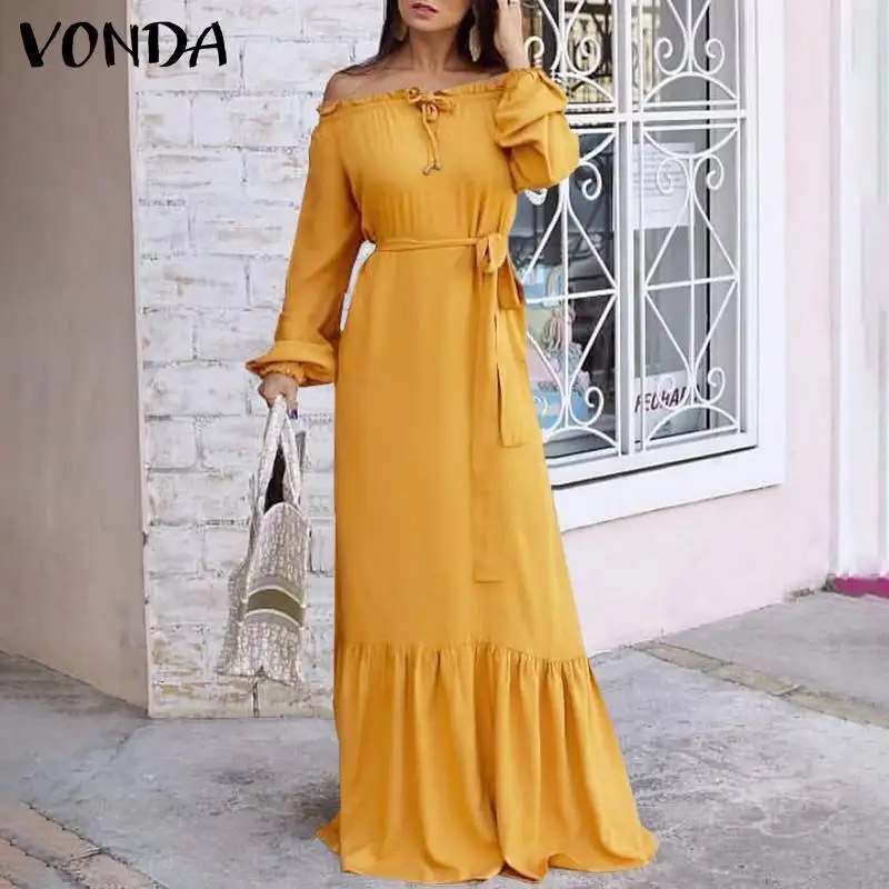 

Women Spring Dress 2021 VONDA Elegant Long Sleeve Sundress Female Sexy Off Shoulder Party Maxi Dress Casual Vestidos Oversized