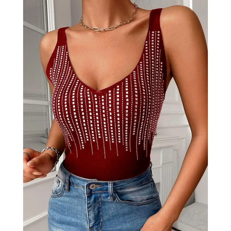 

Women's Fashion Printed Starry V-neck Sleeveless Sling T-shirt Tops Solid Color Slim Sexy Camisole Summer Casual Tight Tops