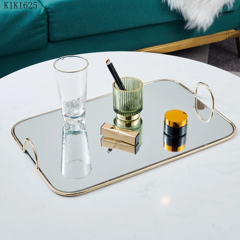 Simple Metal Mirror Glass Storage Tray Household Snack Cake Tray Dressing Table Jewelry Cosmetic Storage Tray Home Decoration