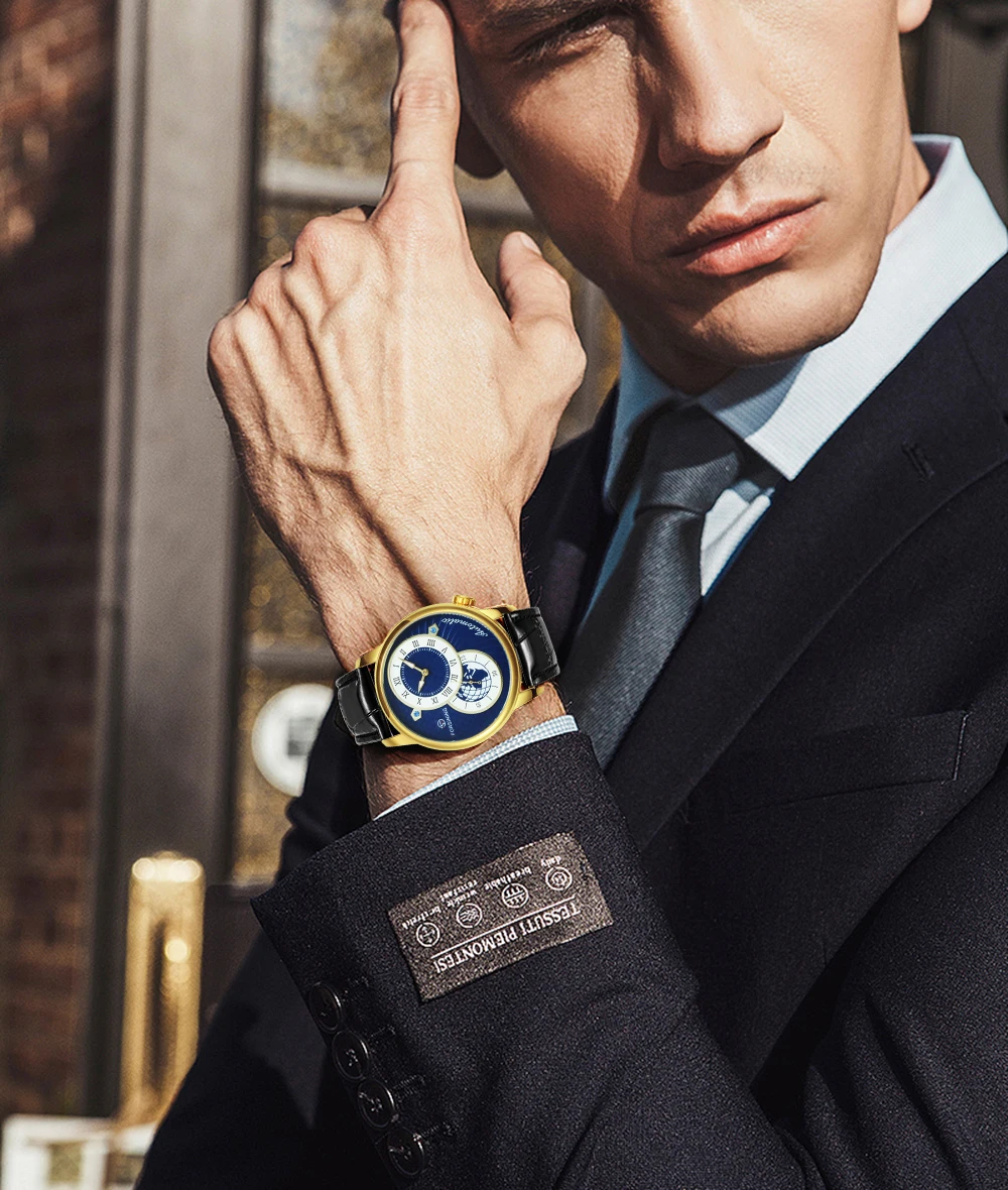 Часы мужские механические с кожаным ремешком под золото | Наручные часы