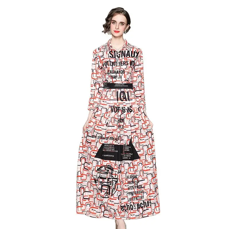 

Striped Letter Printing Dresses Temperament High Waist Slim Long Sleeve Single Breasted Lapel Party Dress Women Clothes