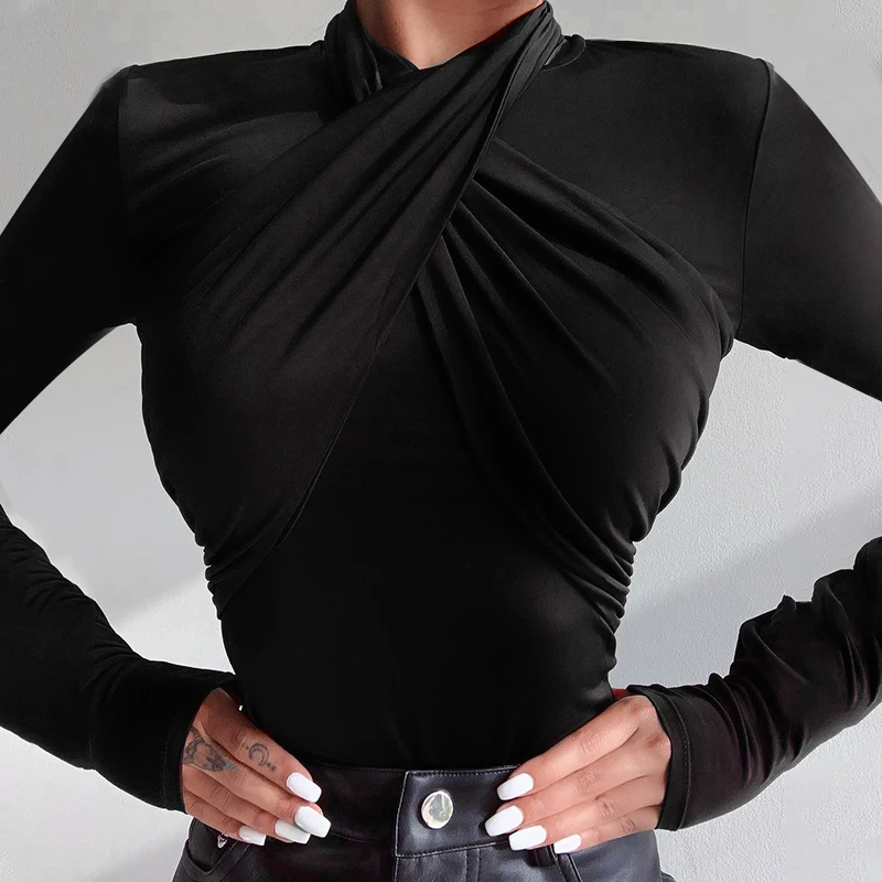 

Personality Criss-cross Knot Fashion Women Long Sleeve T-shirt Sexy Stretch Tee Top