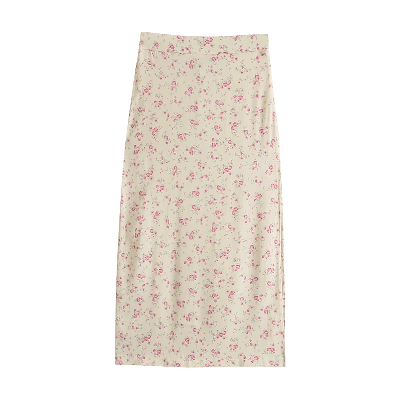 

XNWMNZ Za Women Fashion Floral Print Slit Hem satin-finish midi skirt Woman Summer high-waist invisible side zip skirts 2021