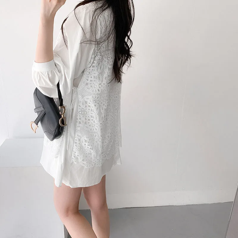 

One Piece Korean Sweet Lace Dress Women Full Sleeve White Crocheted Mini Party Dresses Female Loose Splicing Dress Vestidos Lady