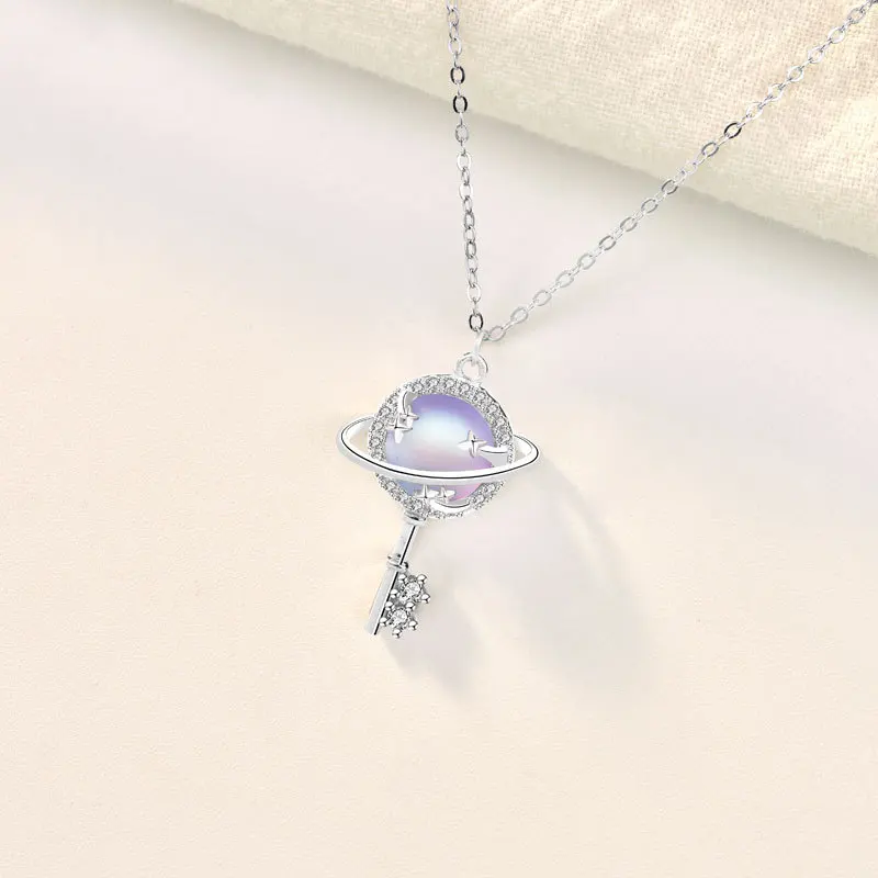 

Trendy Planet Key Pendant Necklace 925 Silver Fashion Crystal Pendant Link Chain for Women Ladies