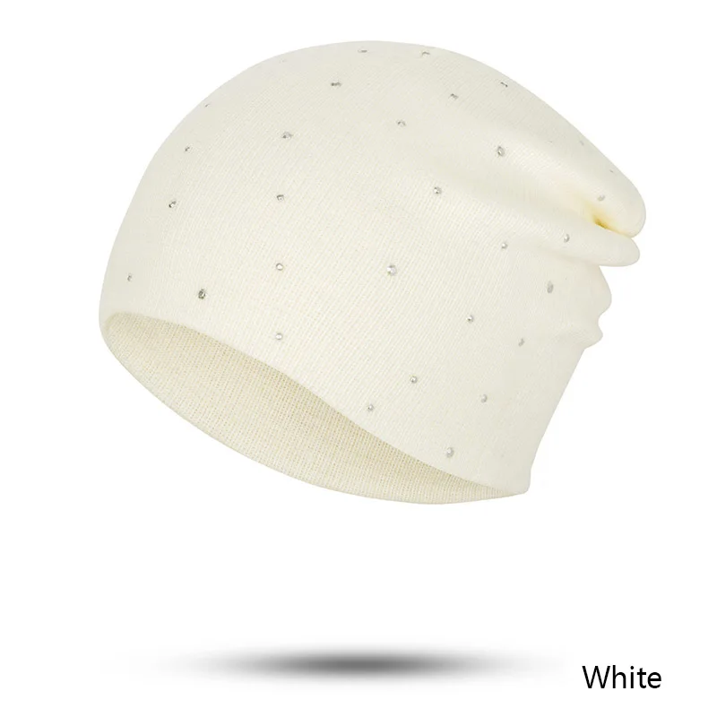 Осенне-зимняя шапка с жемчужинками Женские шапочки Skullies однотонные вязаные Кепки из хлопка женские зимние шапочки мягкие теплые шапки женская шапка - Цвет: 02