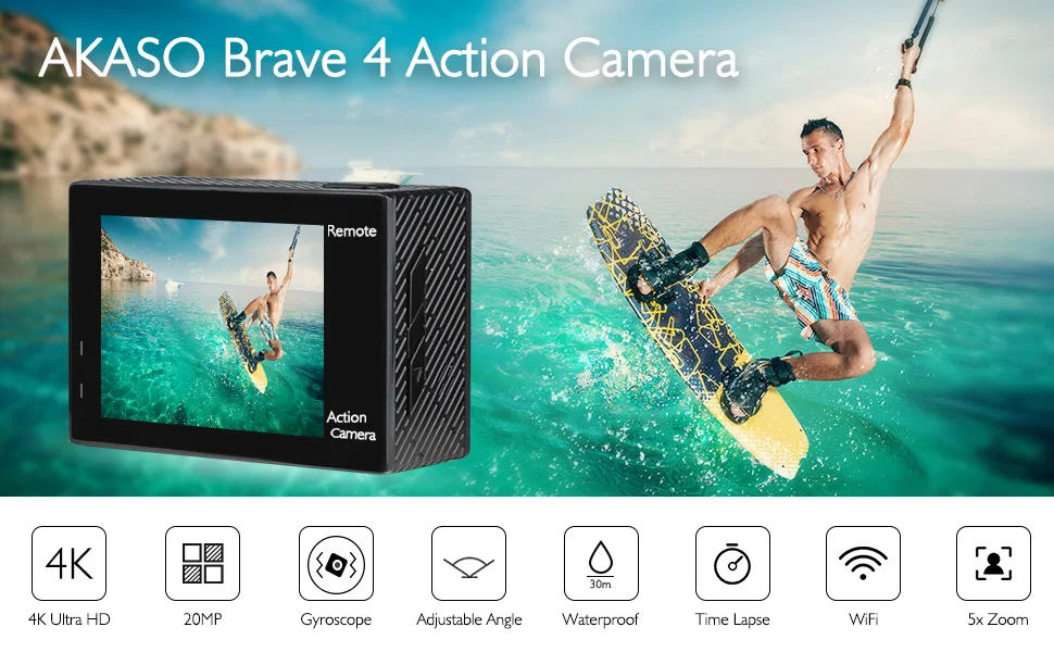 AKASO Brave 4 Экшн-камера Ultra HD 4K WiFi 2," 170D 20MP Водонепроницаемая камера для подводного плавания на шлем Спортивная камера