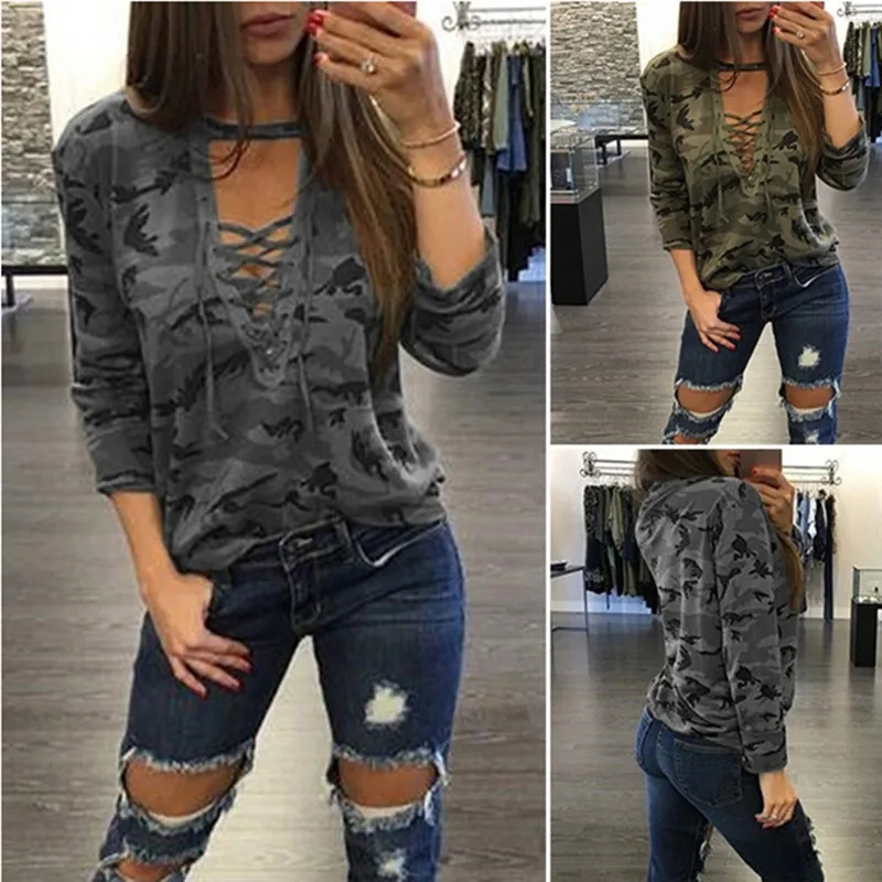 

Женская камуфляжная Блузка с V-образным вырезом и длинным рукавом