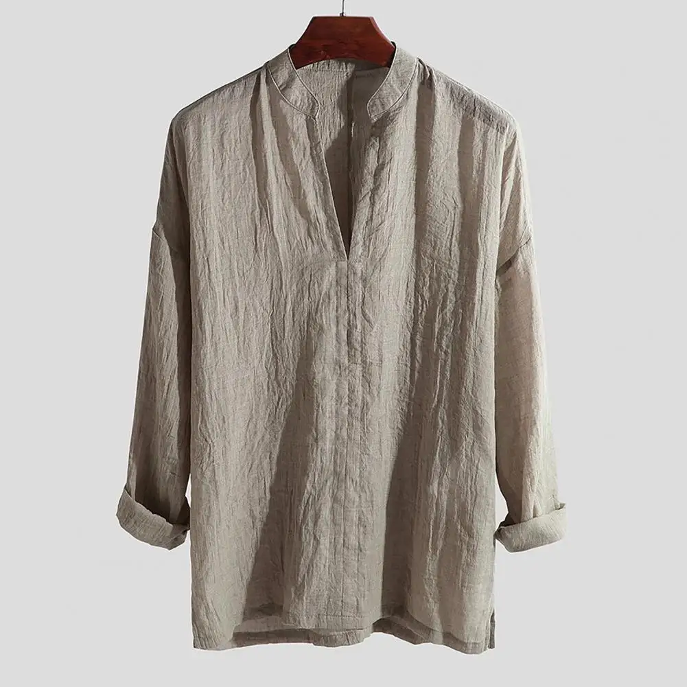 

2021 Summer Autumn Beach Casual Men Shirt Stand Collar Linen Blouse Solid Color Vintage Shirt Long Sleeve Linen Blouse Tops