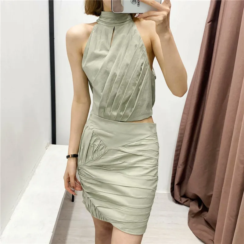

2021 Za Summer Pleated Cropped Blouse Women Vintage Sleeveless Halter Top Fashion Back Button Side Zip Woman Cotton Shirt