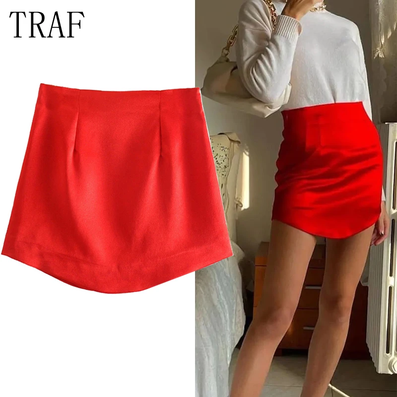 

TRAF Red High Waist Mini Skirts Woman Green Blue Sexy Y2K Satin Skirt Women Fashion Purple Bodycon Party Short Skirts
