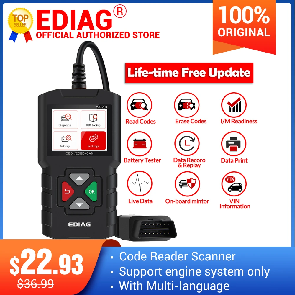 

Считыватель кодов Ediag YA201 OBD2, профессиональный Автомобильный сканер, многоязычный для диагностики двигателя автомобиля, PK ELM327, бесплатное о...