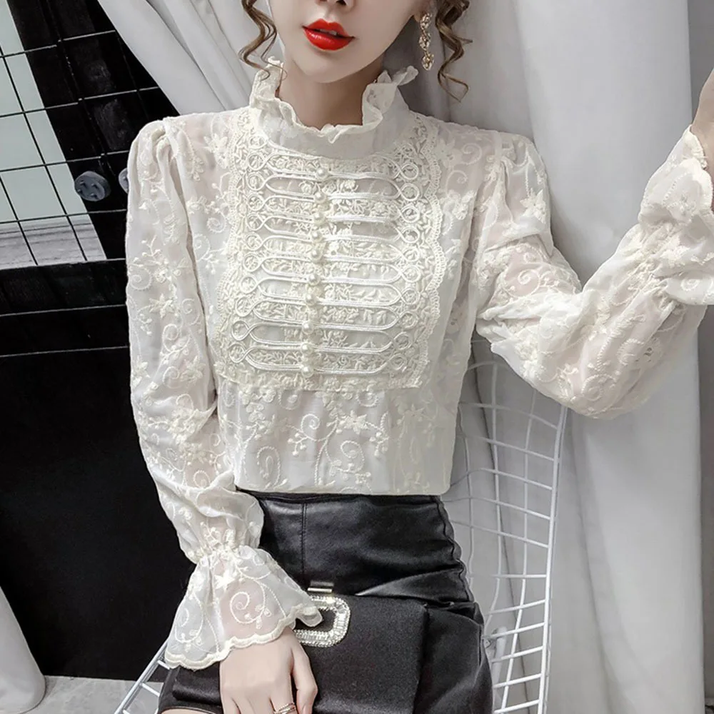 

Lace Blusas Women Pearls Sexy Office Chiffon Blouse Flare Long Sleeved Ruffles Collar Transparent Blouse Female