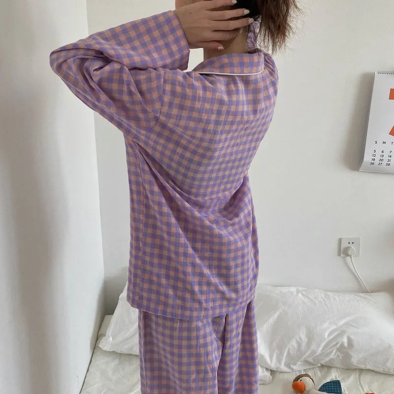 Пижамный комплект Ulzzang женский в клетку Мягкая Милая Ночная рубашка с длинным