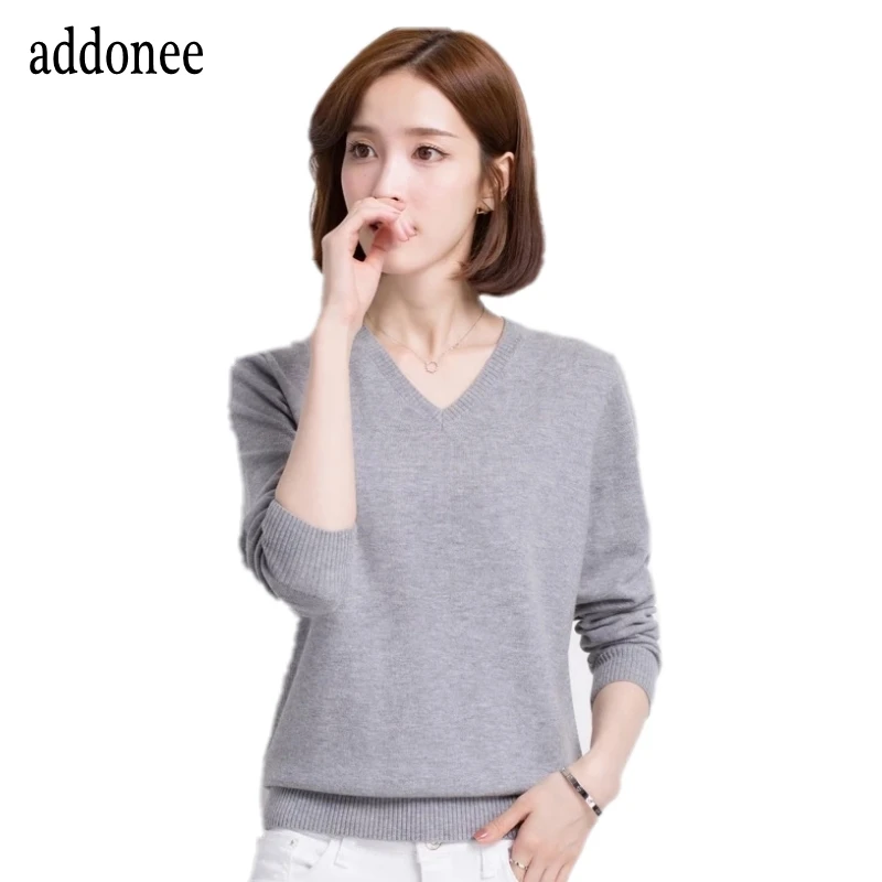 Loose Pure Colors European Style V-Neck Pullover Sweater Women Female Fashion Base Knitted Cashmere Wool High Quality | Женская одежда