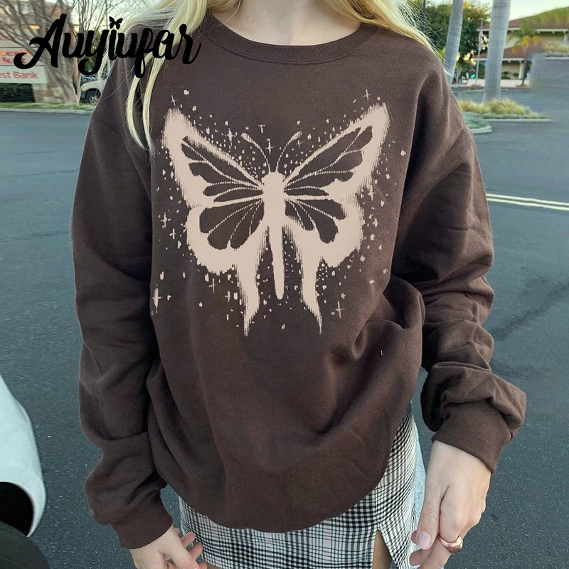 

Auyiufar Butterfly Printing Fairy Grunge Sweatshirt Vintage Y2k Aesthetic Loose Casual Top Elfcore Streetwear Outfits For Women