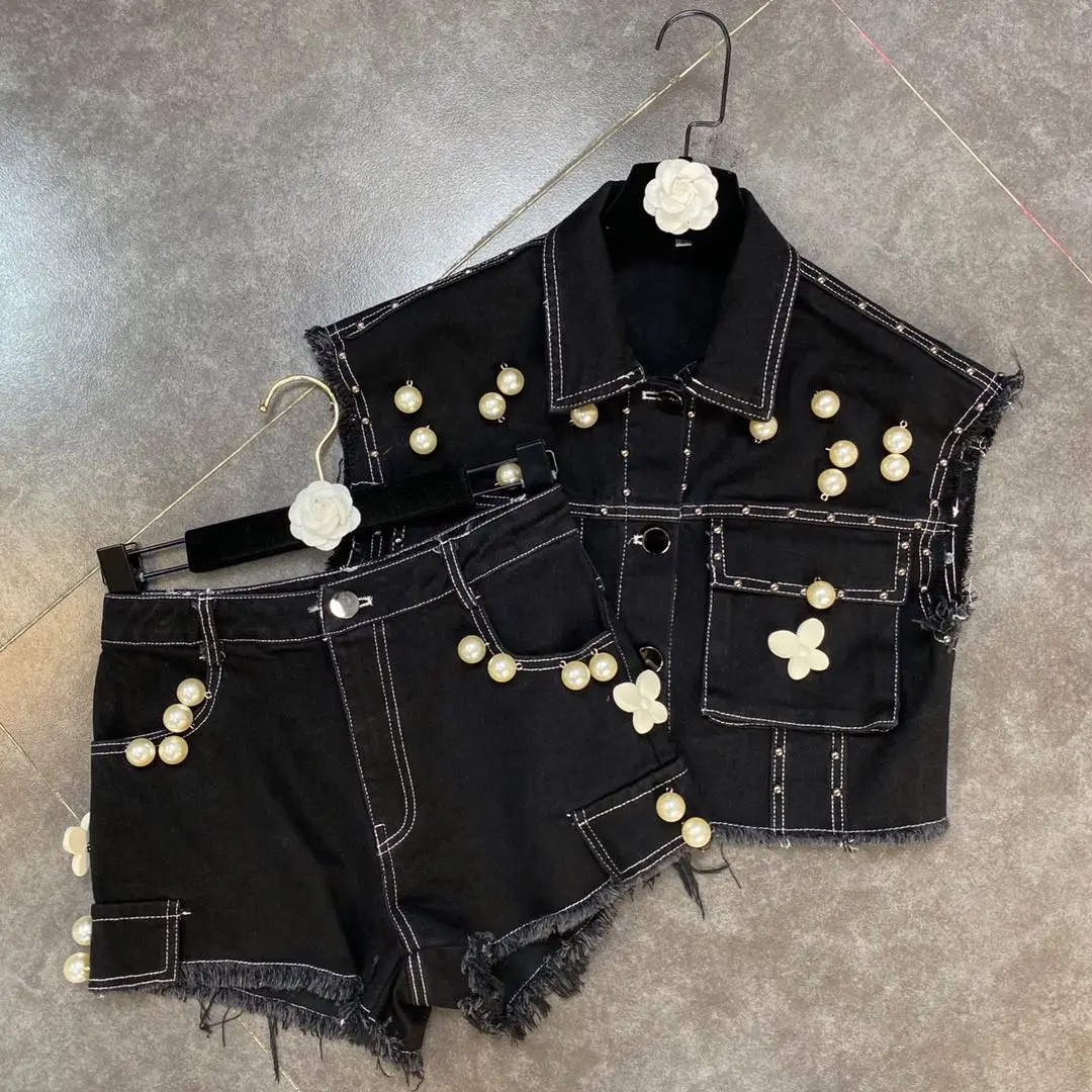 

ZCSMLL Black Women Short Sets Beaded Bow Tie Sleeveless Tops with Shorts Denim Streetwear Fashion Female Suit 2021 Spring Summer