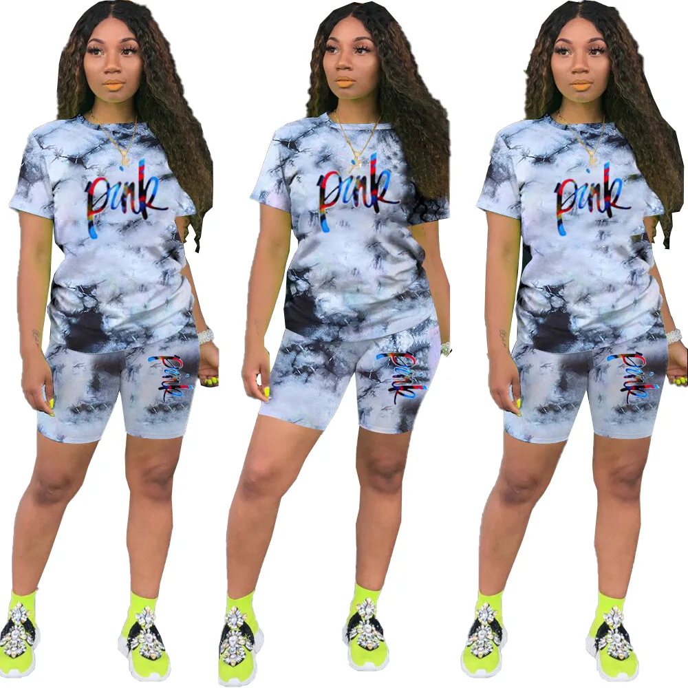 

Tie Dye Color & Letter Print Two Piece Set Wholesale Hot Sale Summer Casual Lady O Neck T-shirt And Shorts Women Tracksuit