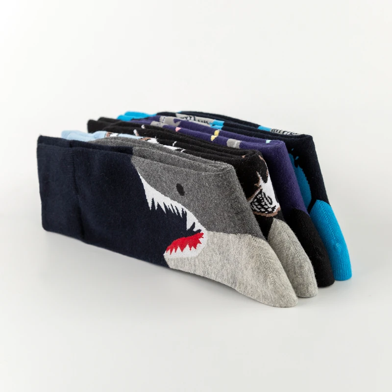 

New Casual Combed Cotton Men's Socks Tend Harajuku Street Hip Hop Funny Happy Socks Colorful Shark Pattern Long Socks For Men