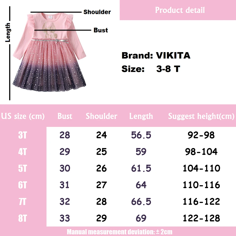 VIKITA Girl Autumn Winter Dress Kids Gradient Long Sleeve Princess Mesh Tulle Unicorn Rabbit Cartoon Elegant Dresses | Детская одежда и