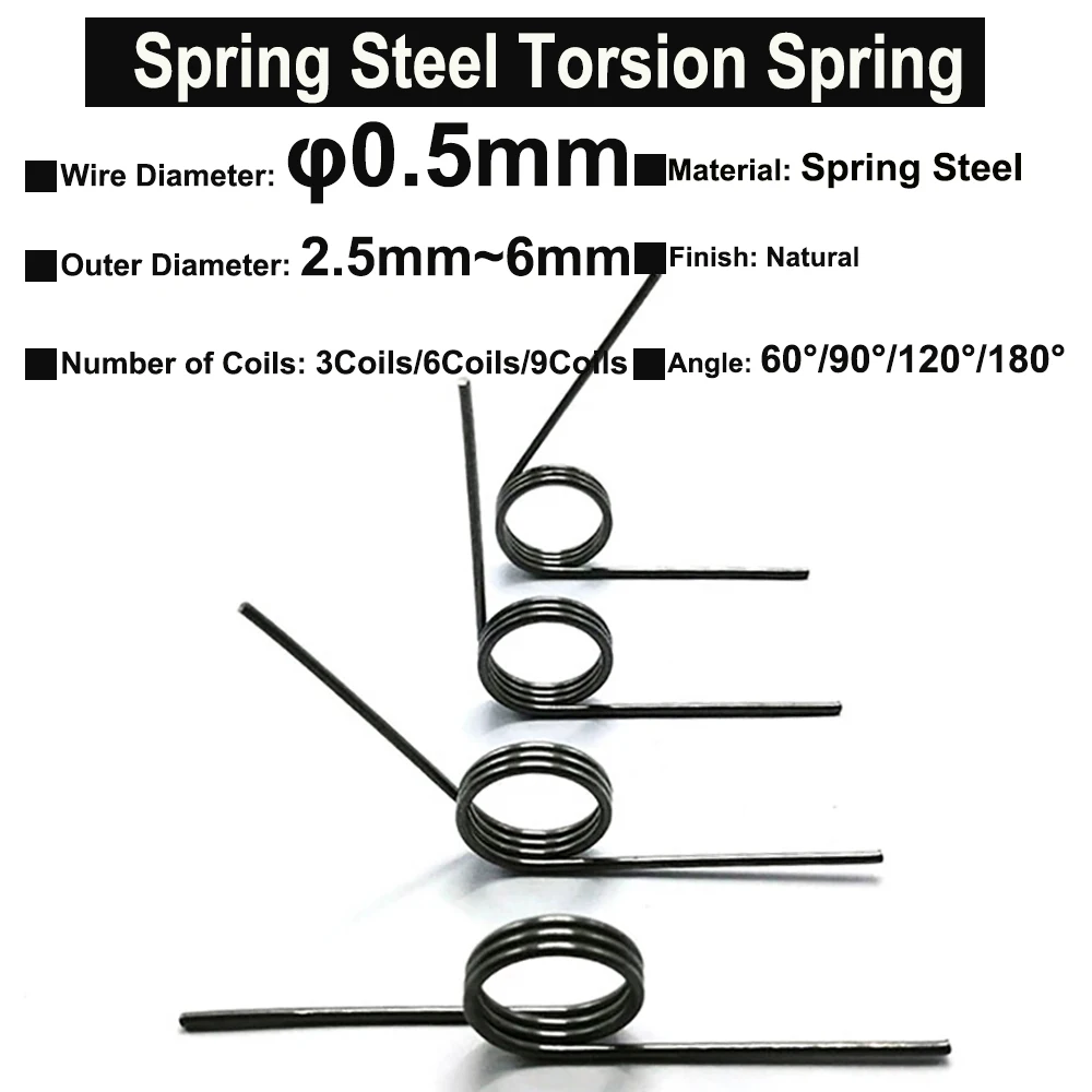 

10Pcs Wire Diameter 0.5mm Spring Steel Tiny Torsion Spring Hairpin Springs 3Coils/6Coils/9Coils Angle 60°/90°/120°/180°