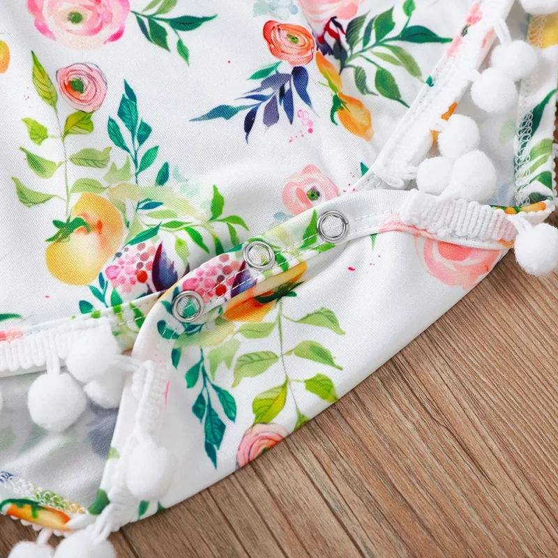 

Summer Baby Girl Rompers with Headband Cotton Infant Sleeveless Tassel Design Fruit Flower Print Romper Newborn Romper