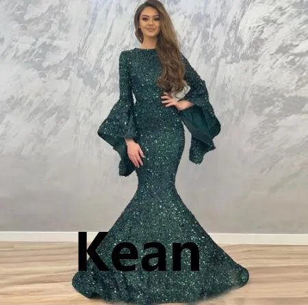 

Sequins Lace Mermaid Evening Dresses Flare Sleeves Dubai Arabic Saudi Arabian Prom Dress Custom Made Plus