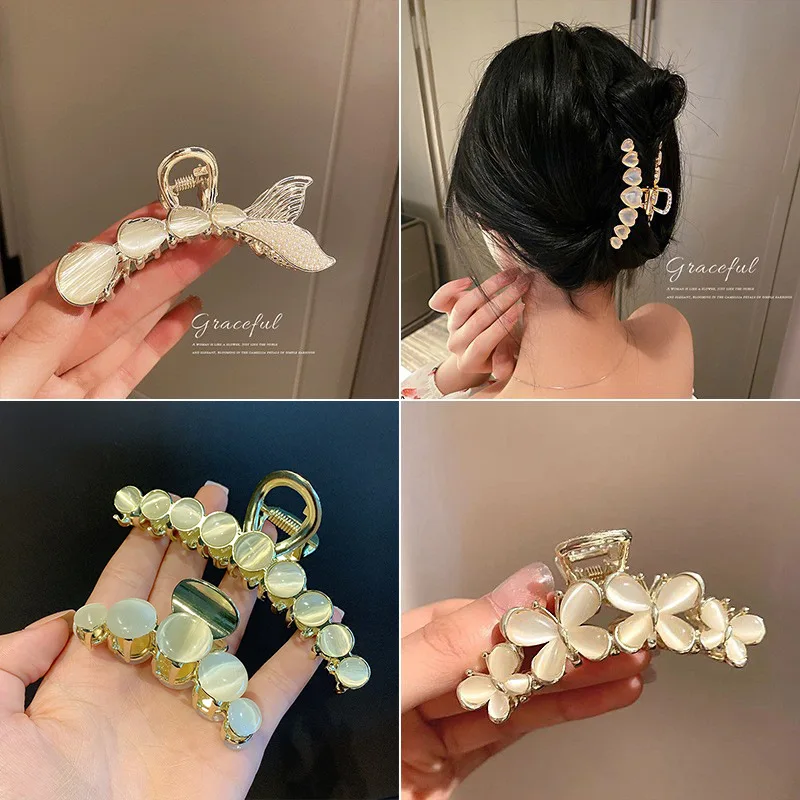 

Minar Cute Multiple Shiny Opal Simulated Pearls Hair Claw for Women Neon Color Love Heart Flower Geometrical Shark Clip Headwear
