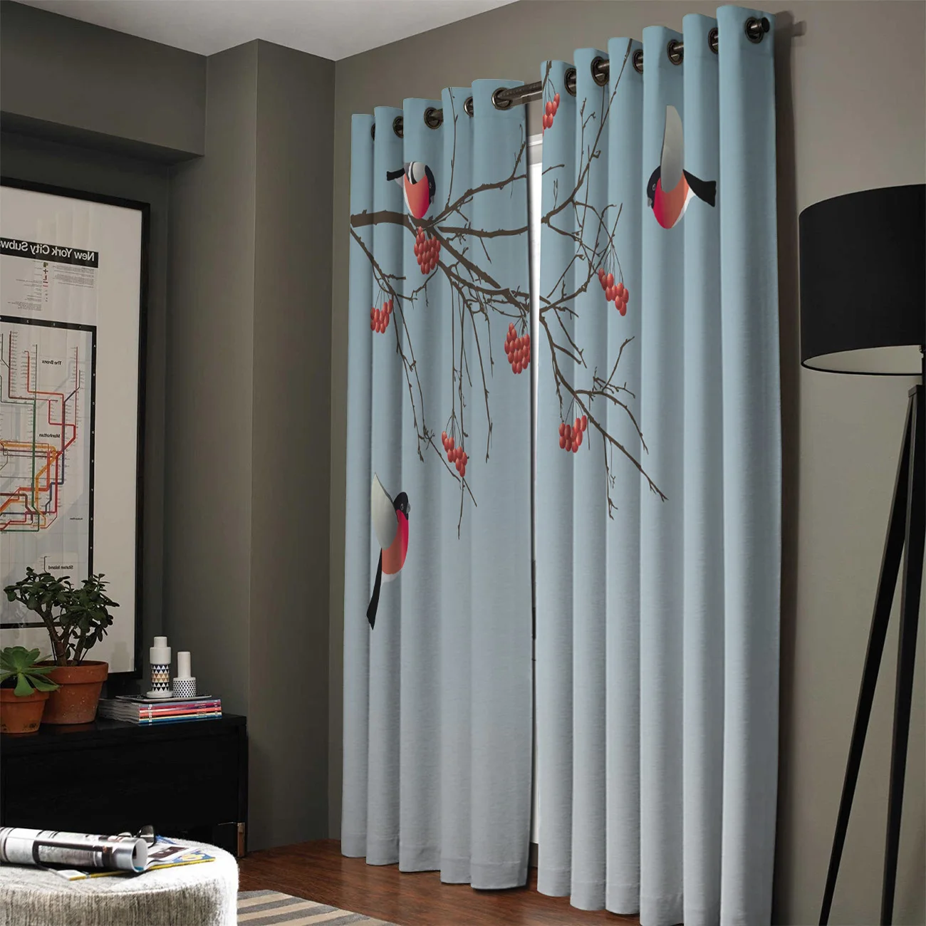 Занавески на окна в китайском стиле с изображением бульфинча птиц животных