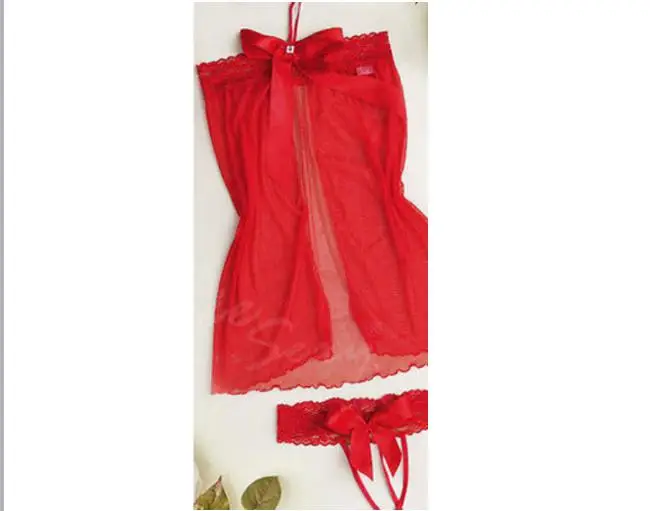 

Women Sleepwear Sexy Lingerie Set Bow Halter Erotic Red Open Stitch Nightdress with G-string Babydoll Underwear Sleep Wear