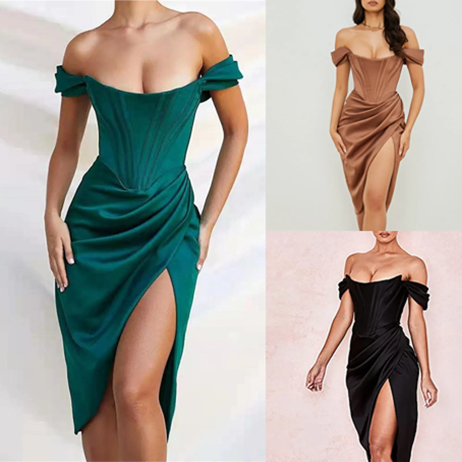 

Elegant Dresses for Women Off Shoulder Push Up Midi Tube Dress with High Slit Cocktail Wedding Guest Birthday Club Party