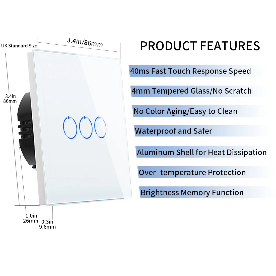 

Bingoelec EU Standar Tempered Glass Touch Switch Wall Light Power LED Display Panel 1/2/3 Gang 1 Way AC110-240V 86*86mm