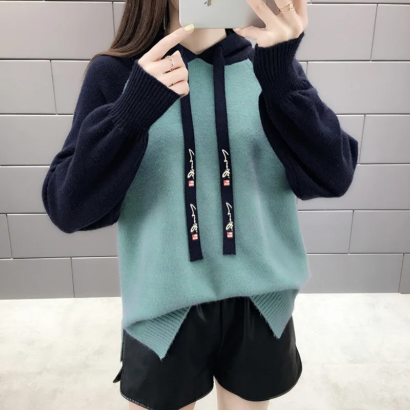 

Korean Style Women's Autumn Spring Sweaters Fad Patchwork Hooded Knitted Pulloves Lantern Sleeve with Lace Up Casual Jumpers