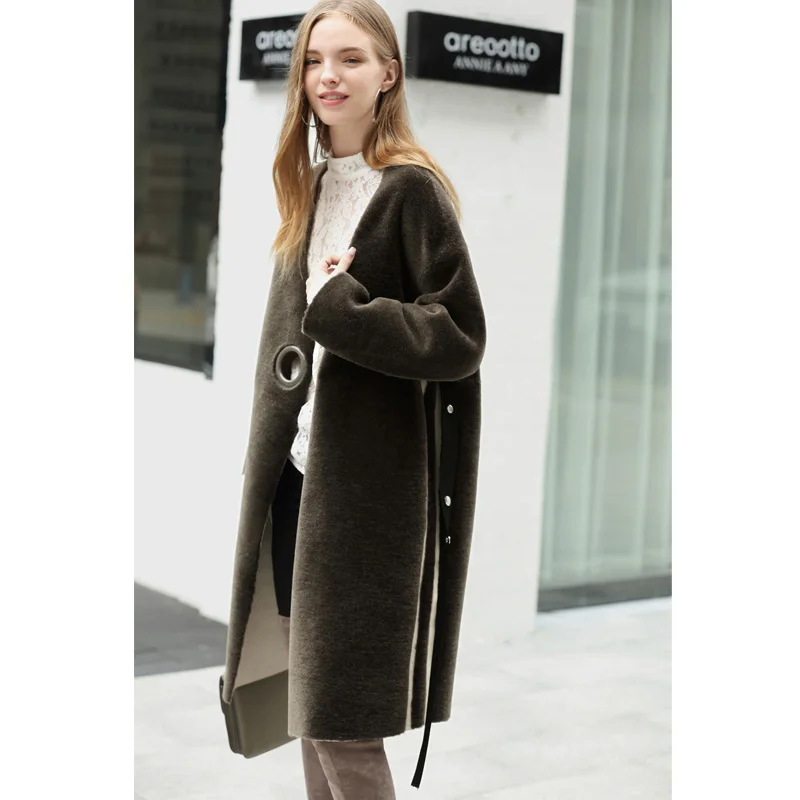 Женское длинное пальто из искусственной кожи зимнее 100% шерсти в Корейском стиле