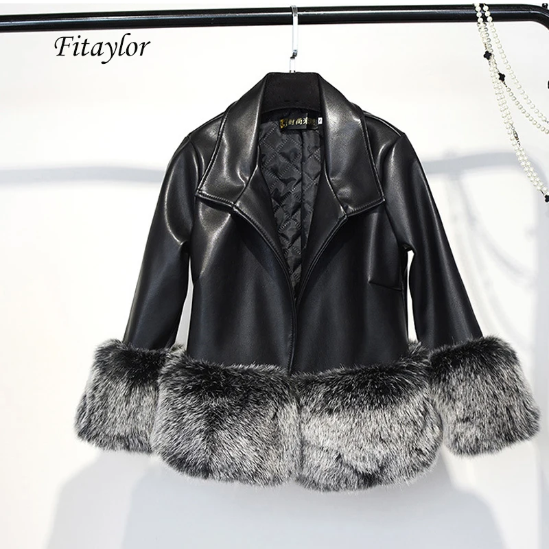 Fitaylor Новая зимняя женская кожаная куртка из искусственного меха с отложным