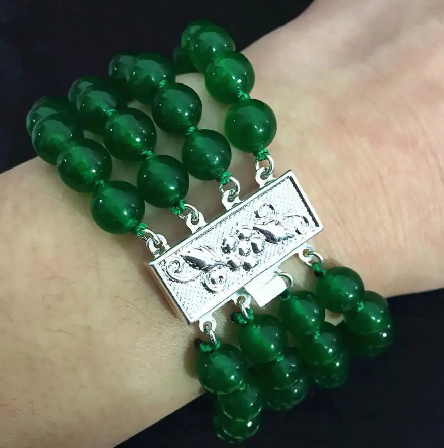 

new hot Natural 6mm 4 Row Green Emerald Gems tone Round Bracelet Bangle 7.5''