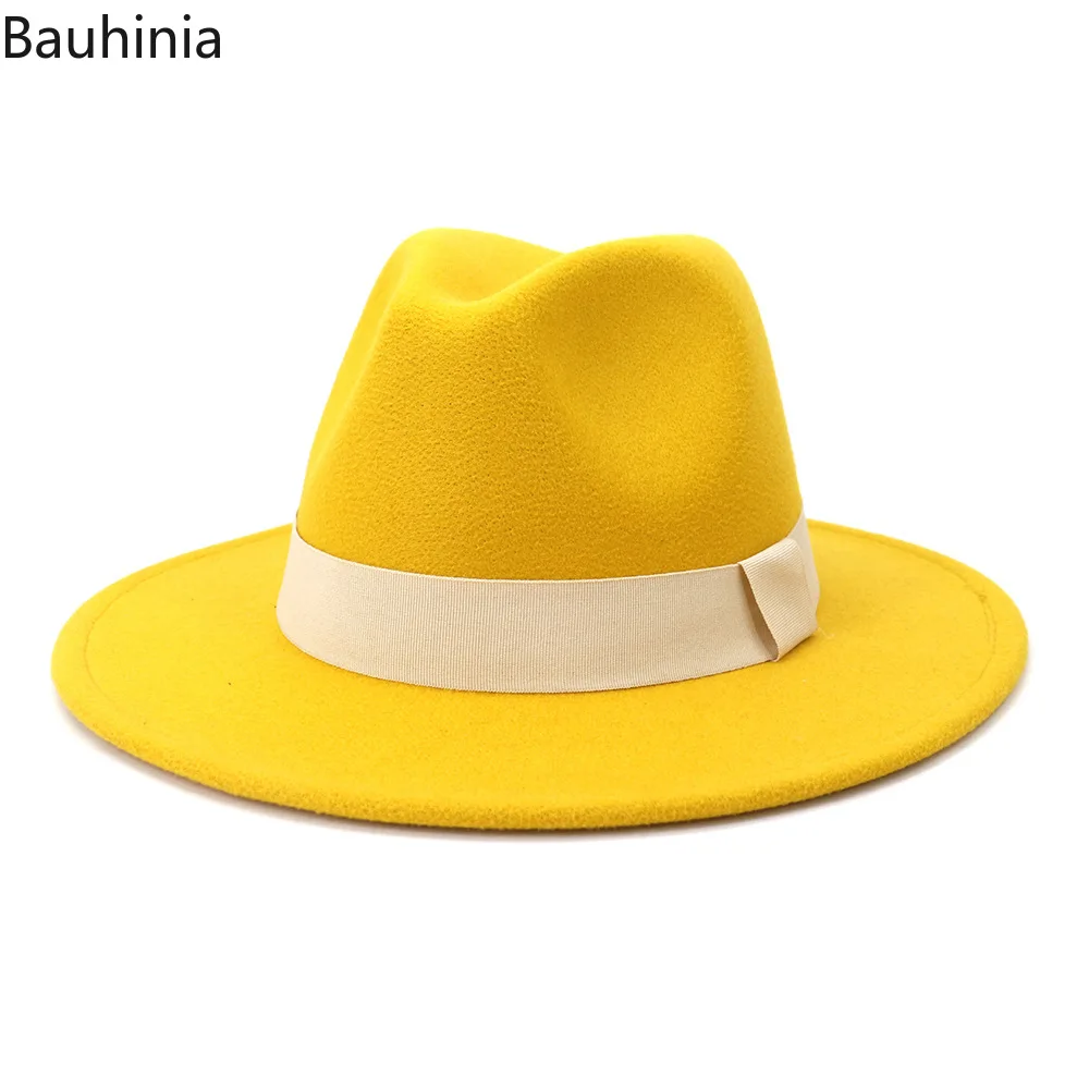 

Bauhinia Women Winter Hats Wide Brim Wool Felt Jazz Fedora Hats With Ribbon Band Trilby Party Formal Cap 56-58CM