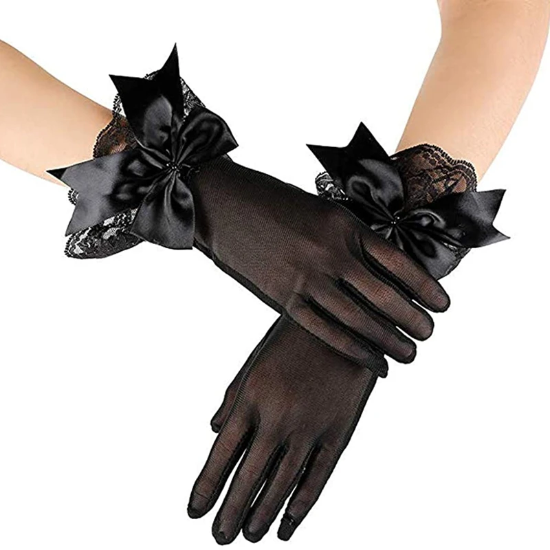 

Fashion Women Lace Short Gloves Elegant Stretch Mesh Full Finger Gloves Gothic Punk Bride Wedding Cosplay Costume Black Gloves