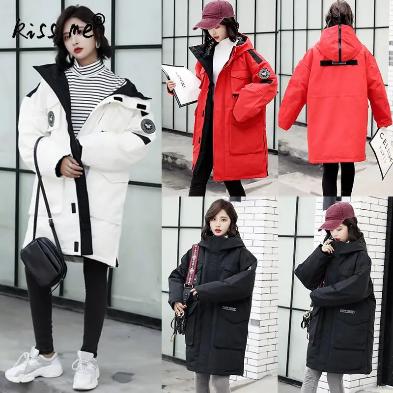 Повседневное свободное Стильное женское зимнее пуховое пальто однотонное