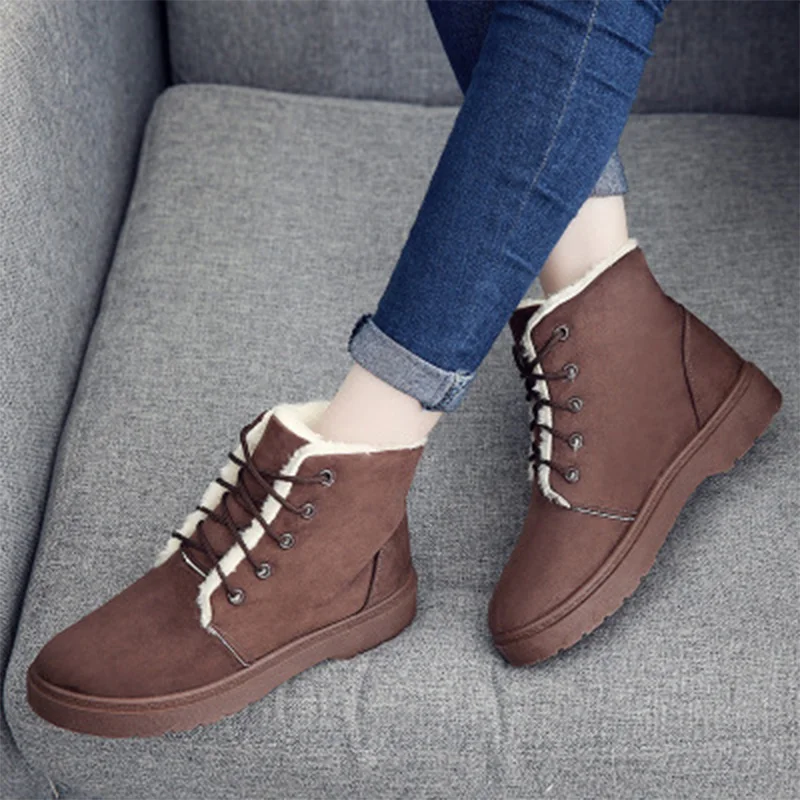 Женские плюшевые ботильоны Зимние ботинки Женская теплая обувь на шнуровке