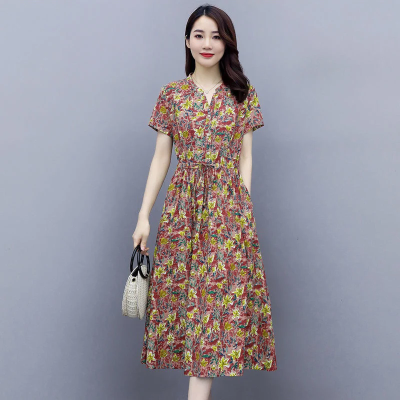 

Summer Floral Dress Plus Size Fashion Print Dress Slim Drawstring Waist Lacing Chiffon O-Neck Single Breasted Long Elegant Dress