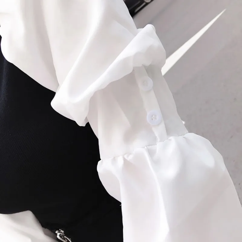 

Sweater for Women Patchwrok Hollow Out Knitwear Lantern Sleeve O Neck Preppy Style Slim Tops Pull Femme Sweaters Drop New