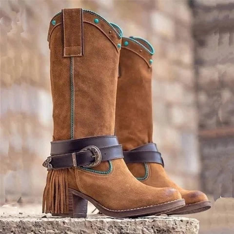 2019 Women Autumn Bohemian Boot Ethnic Tassel Fringe Faux Suede Leather Boots Ladies Square Heel Femme Botas Mejur | Обувь