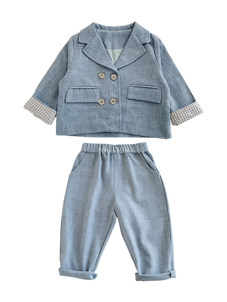

2021 Spring Boy Dress Suit Set Fashion Children Children Party Wedding Costume Kids Double Breasted Blazer Pants Clothing Sets