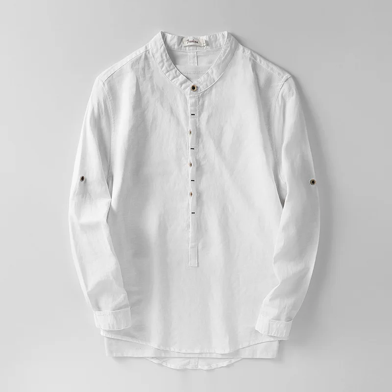 

Рубашка мужская с воротником-стойкой, из хлопка и льна, с длинными рукавами